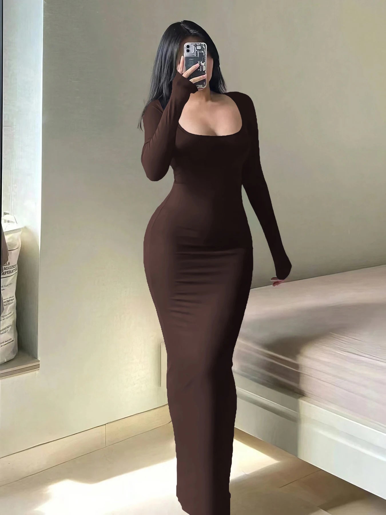 Solid Long Sleeve Bodycon Dress