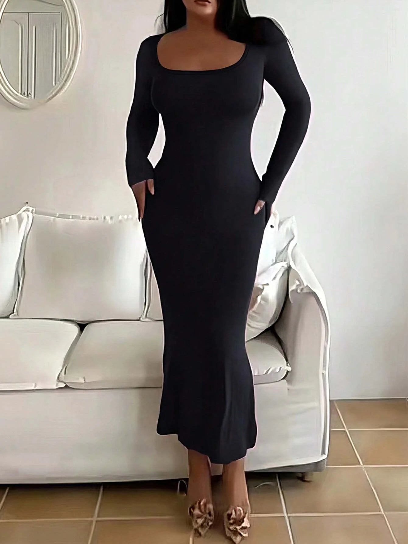 Solid Long Sleeve Bodycon Dress