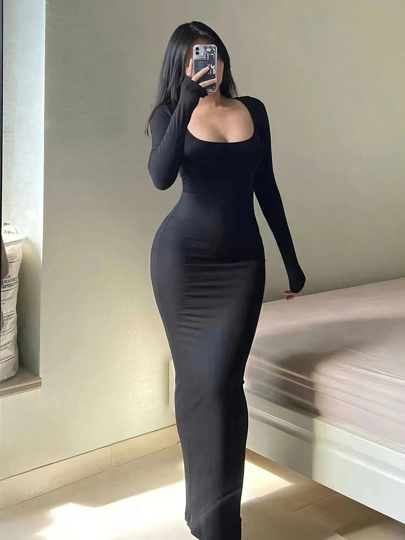 Solid Long Sleeve Bodycon Dress